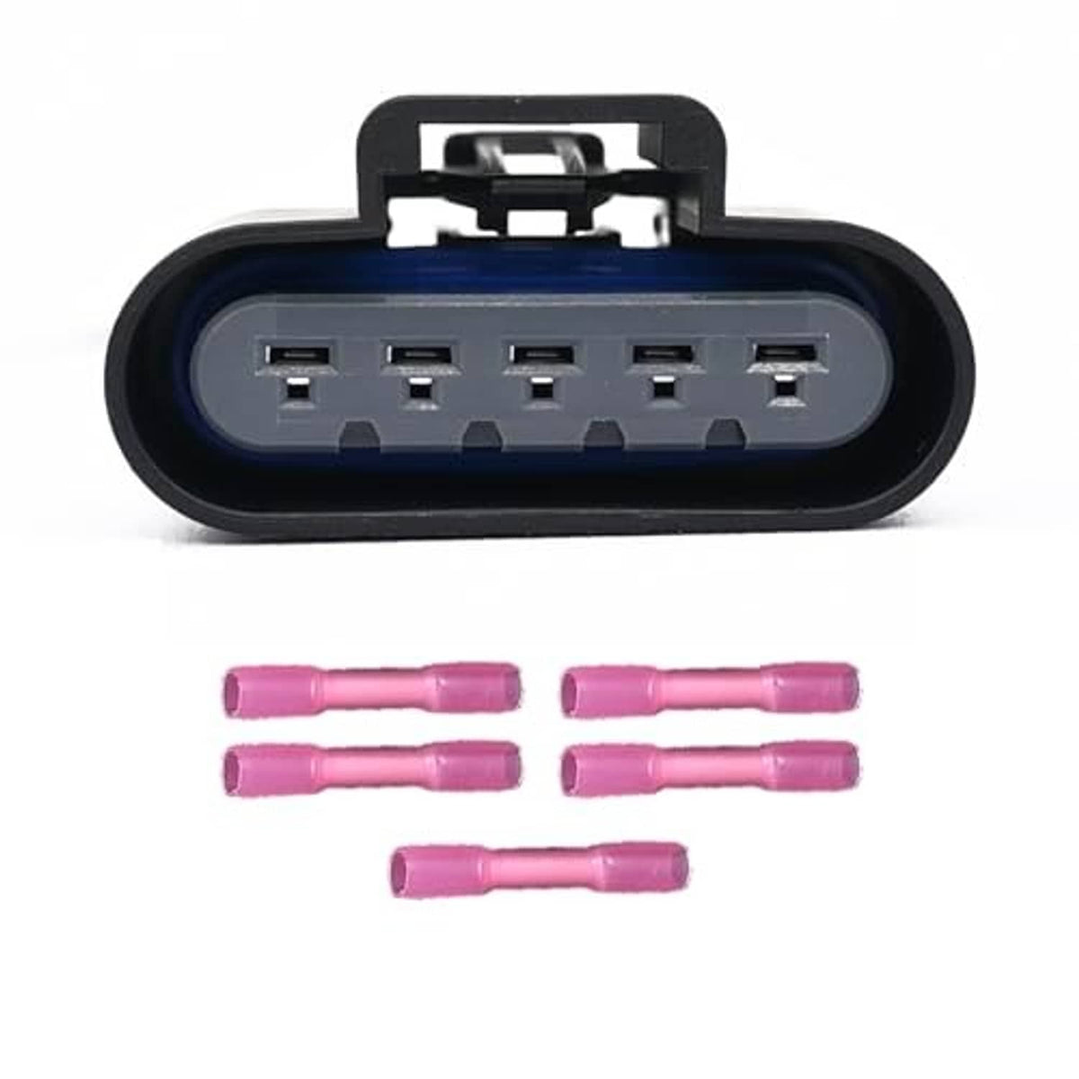 5-pin car electrical connector with pink terminal wires, black housing and blue insert
