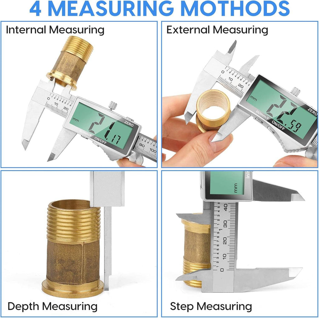 Digital caliper measuring external, internal, depth, and step dimensions