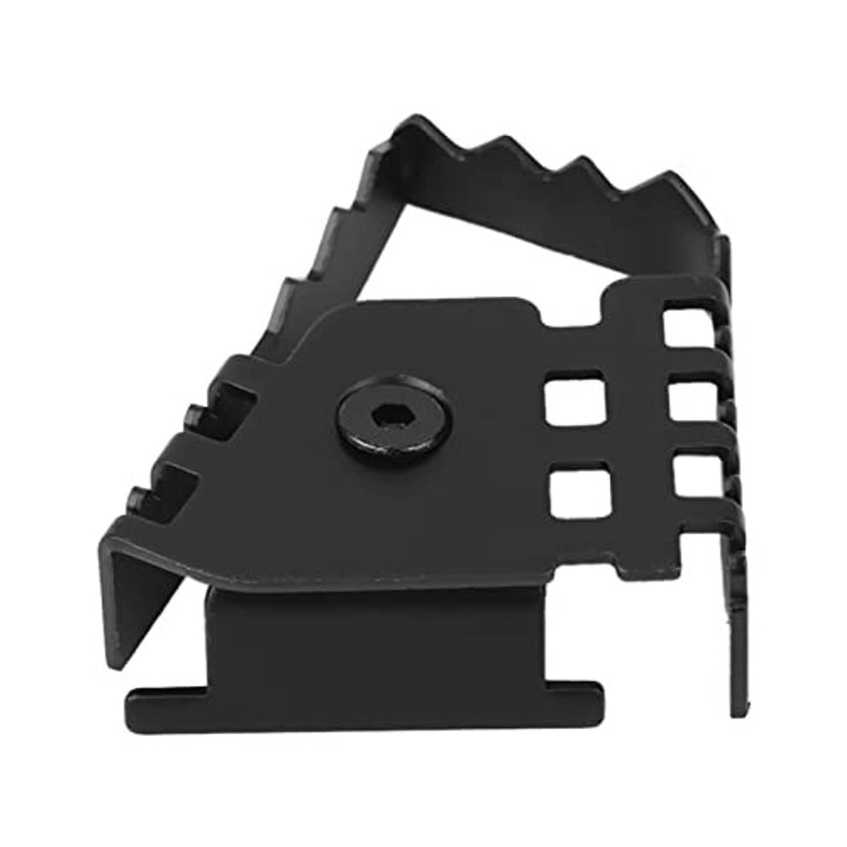 Side profile of rear brake extension pedal bracket in matte black with large cutouts
