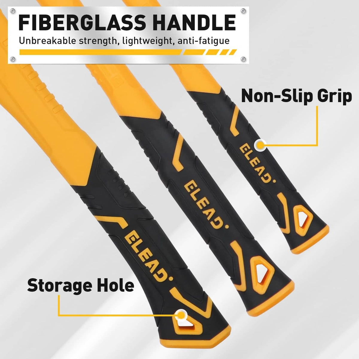 Fiberglass hammer handle with non-slip grip, orange/yellow color and storage hole