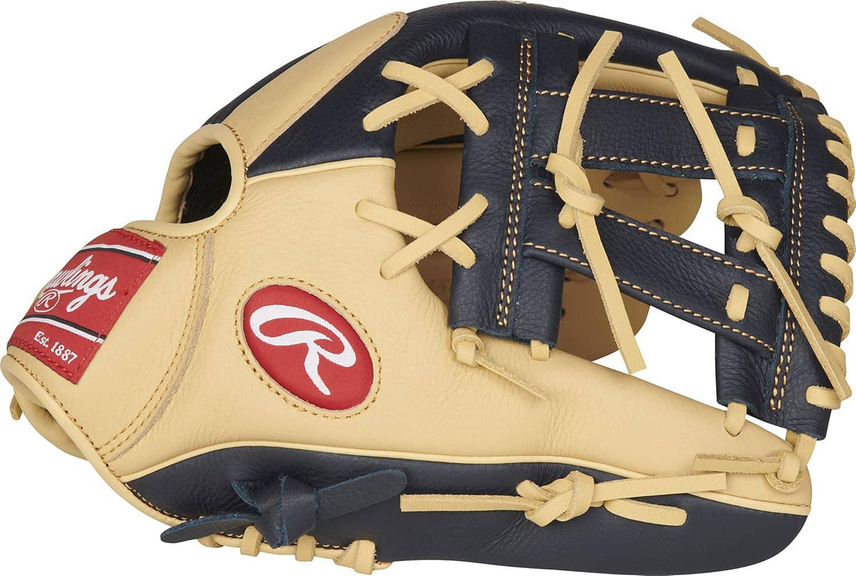 Youth baseball glove, tan and navy with open back and cross-laced web