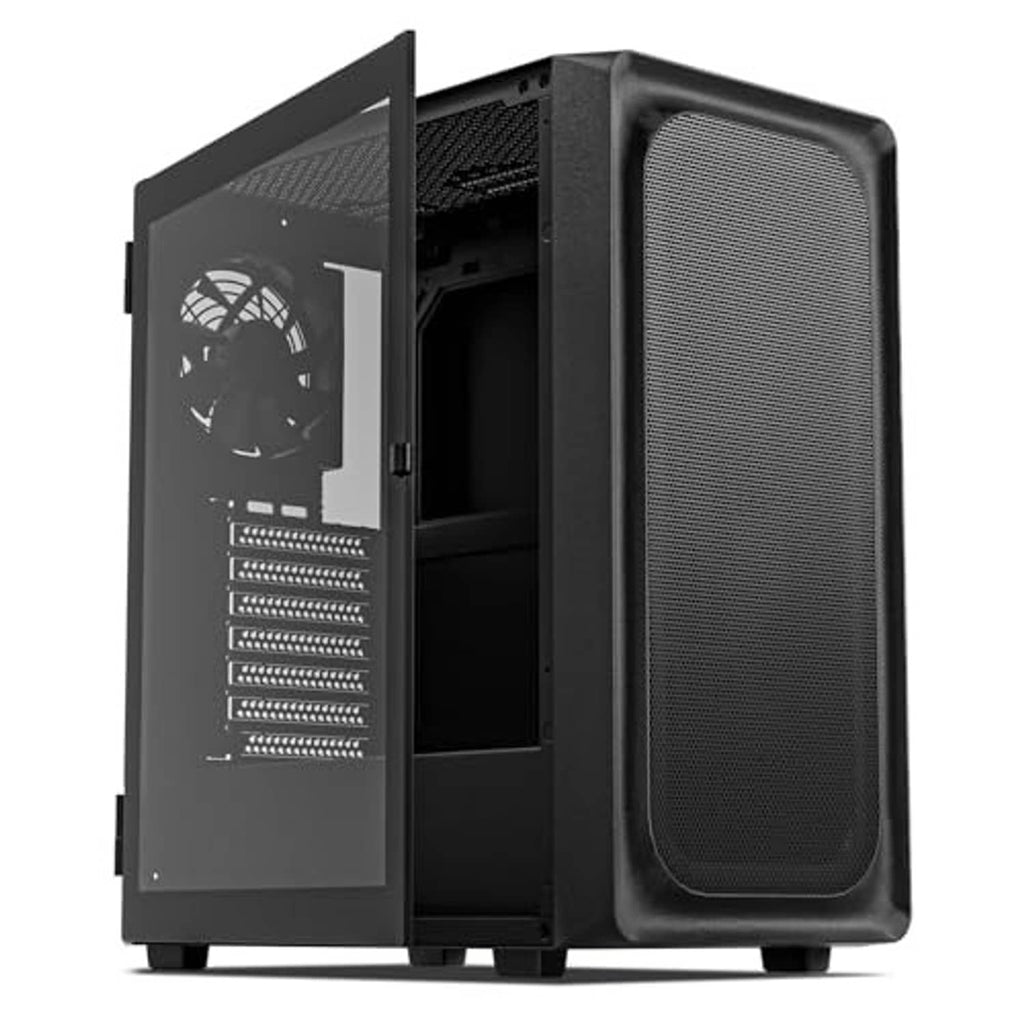 Black ATX mid-tower PC case with vented front and large mesh side panel