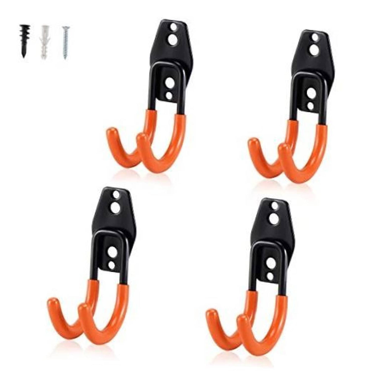 Set of four heavy-duty steel J hooks with black brackets and orange curved hooks