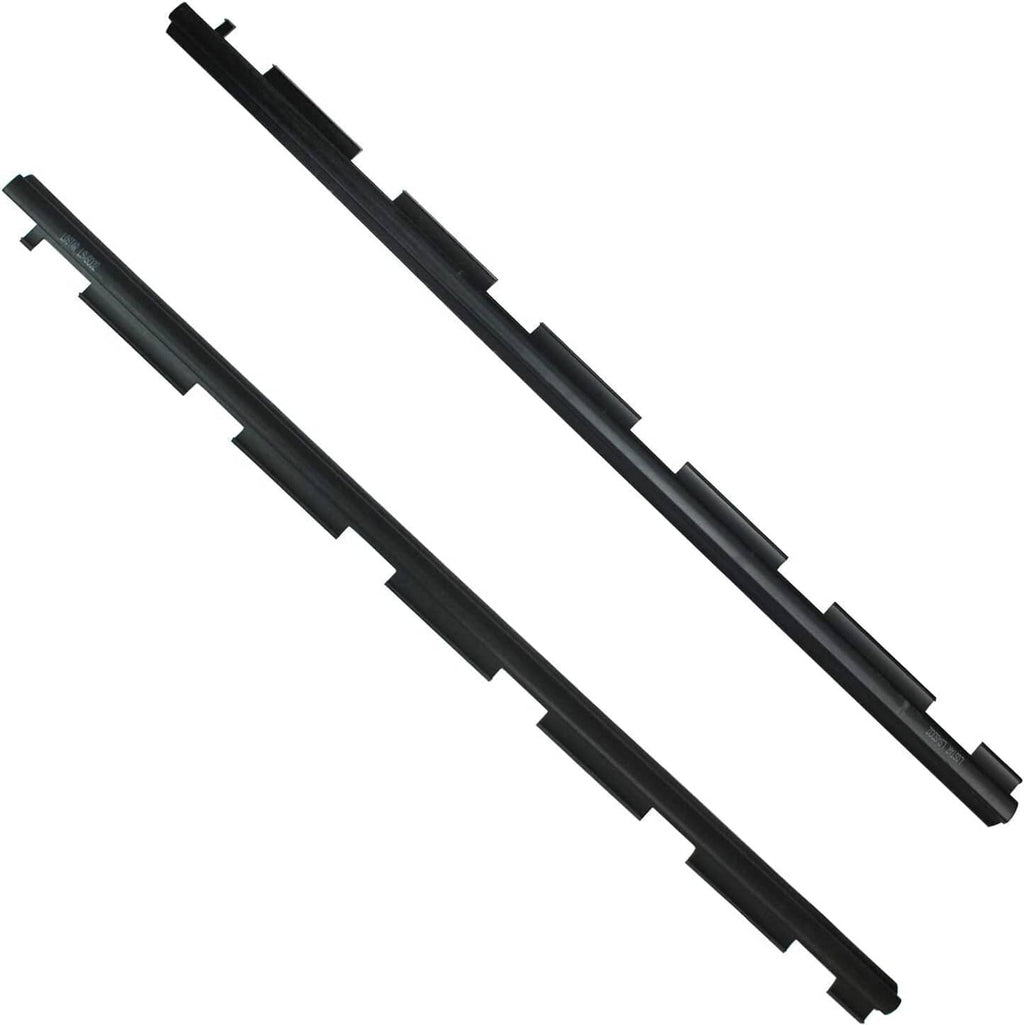 Pair of black window sweep weatherstrip seals with molded channels and tabs