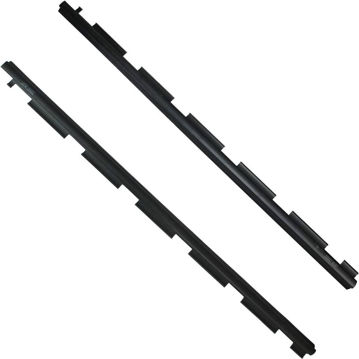 Pair of black window sweep weatherstrip seals with molded channels and tabs