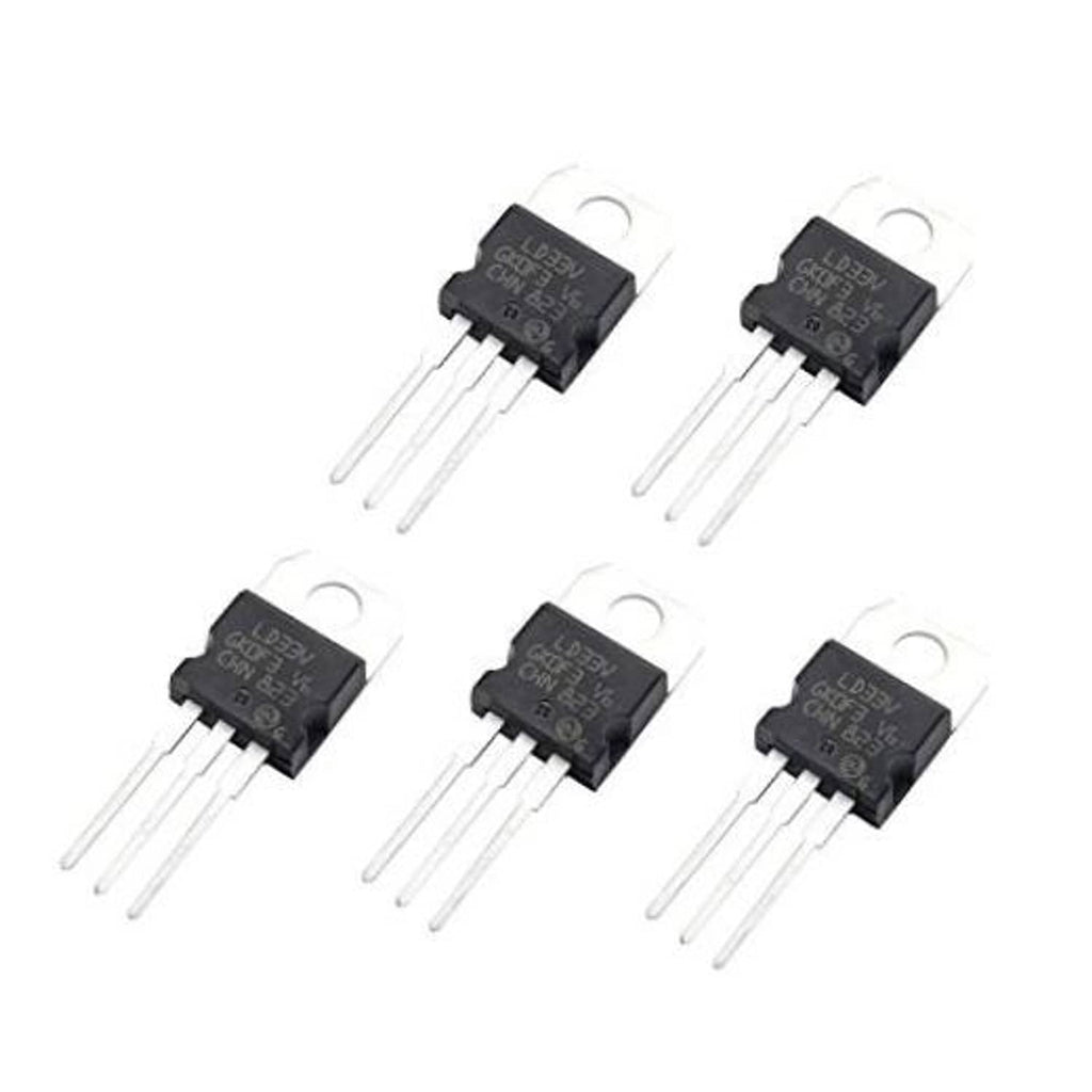 Pack of five 3.3V TO-220 voltage regulator ICs with LD33V marking, black, 3 leads