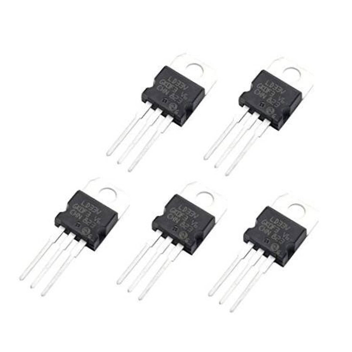 Pack of five 3.3V TO-220 voltage regulator ICs with LD33V marking, black, 3 leads