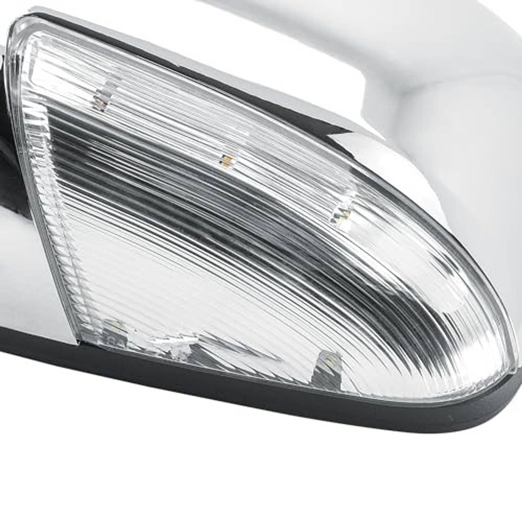 Close-up of chrome driver-side mirror lens with reflective glass insert