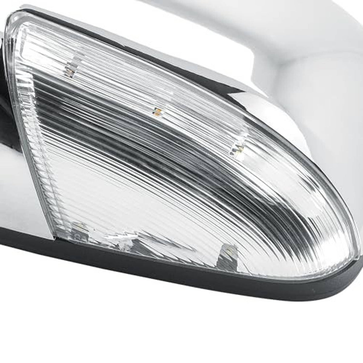 Close-up of chrome driver-side mirror lens with reflective glass insert