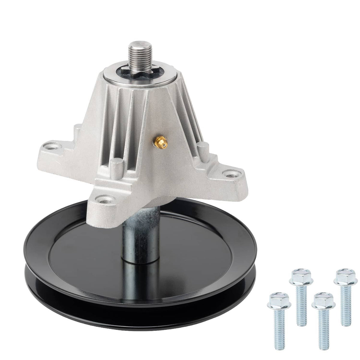Mower spindle assembly with black pulley base, silver housing, and threaded top stud