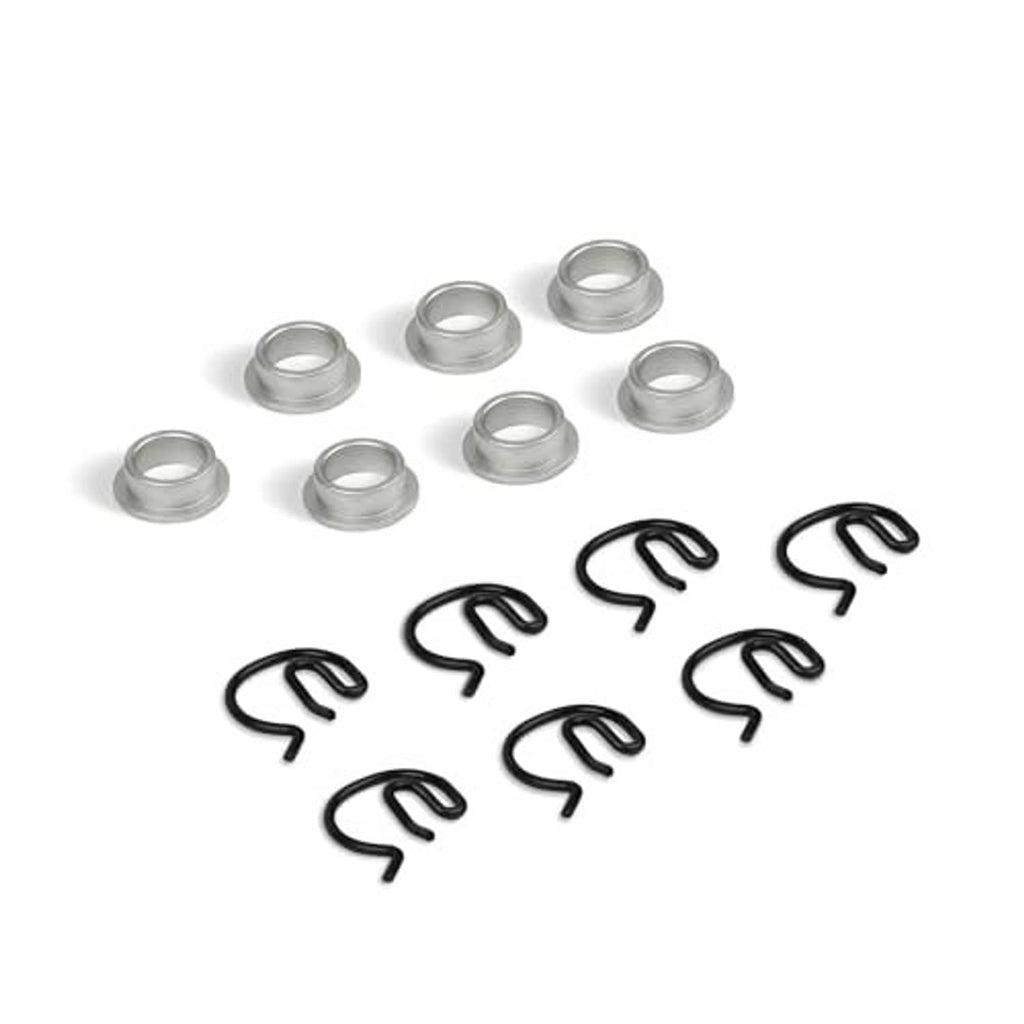 Manual shifter bushing kit with steel sleeves and black spring clips, grouped