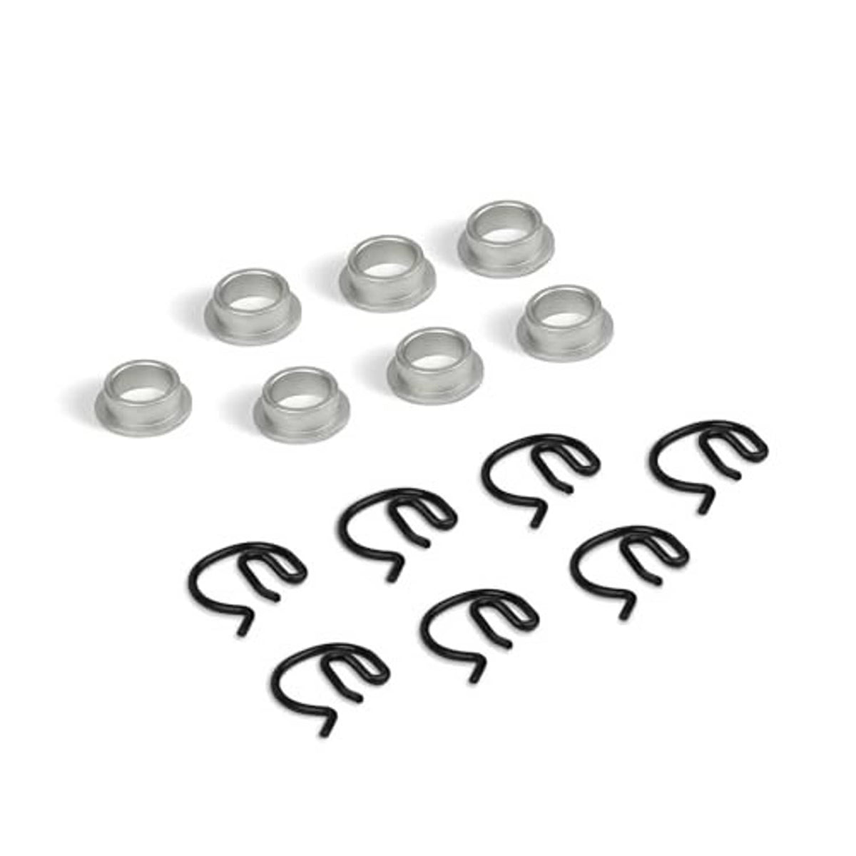 Manual shifter bushing kit with steel sleeves and black spring clips, grouped
