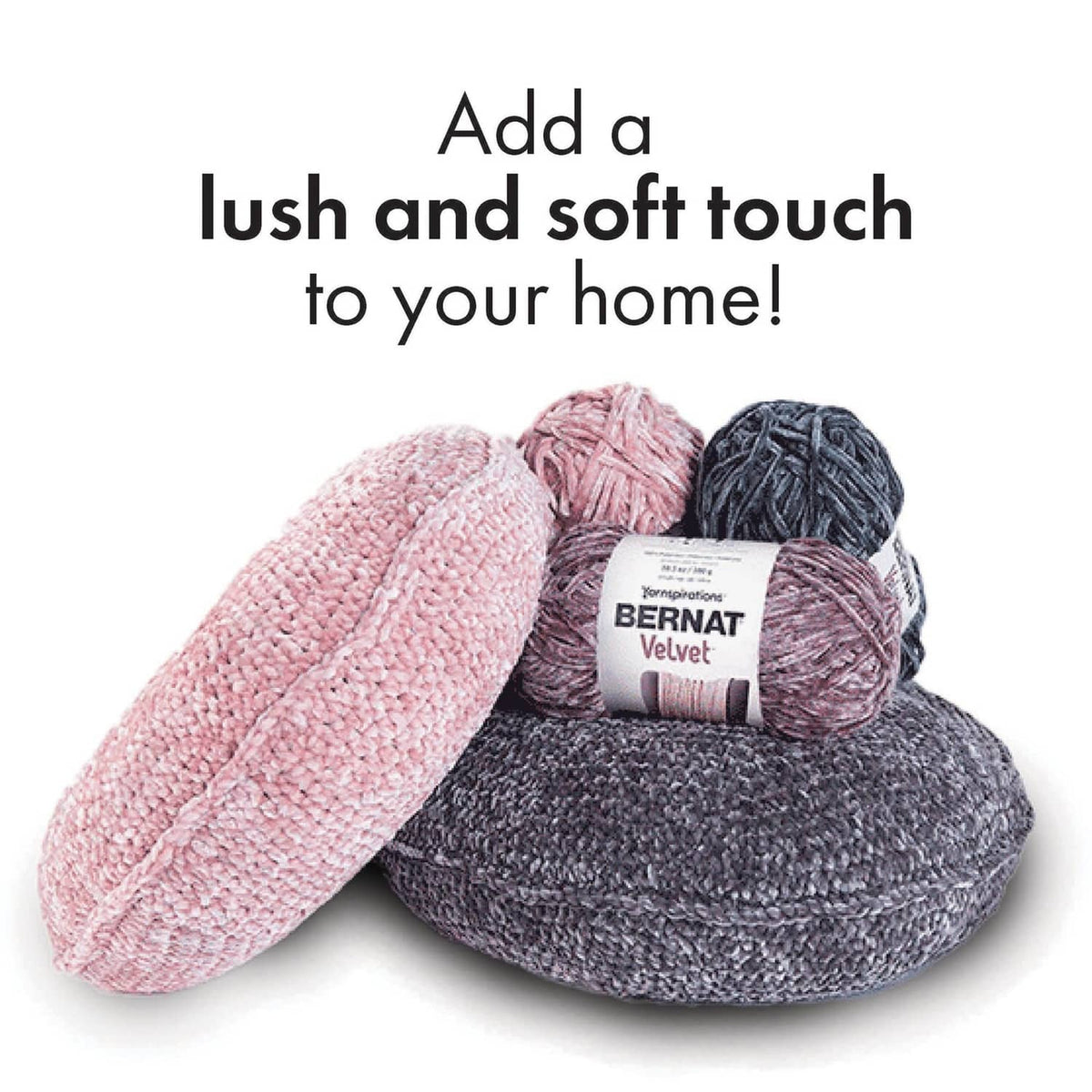 Two Bernat Velvet yarn skeins, soft boucle-style texture in pink and dark gray