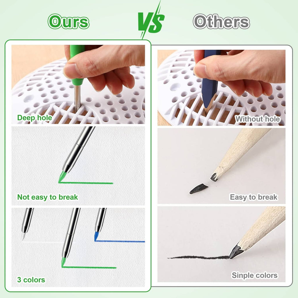 Plastic pencil refill holders with green and blue lead sticks, close-up comparison