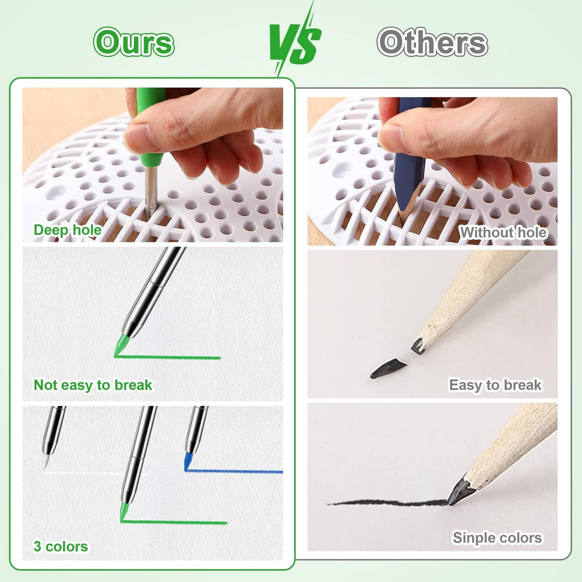 Plastic pencil refill holders with green and blue lead sticks, close-up comparison