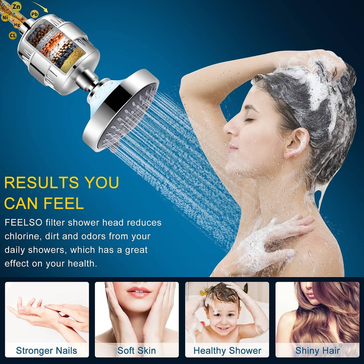 Chrome shower head with built-in filter and water spray, showing internal filter core