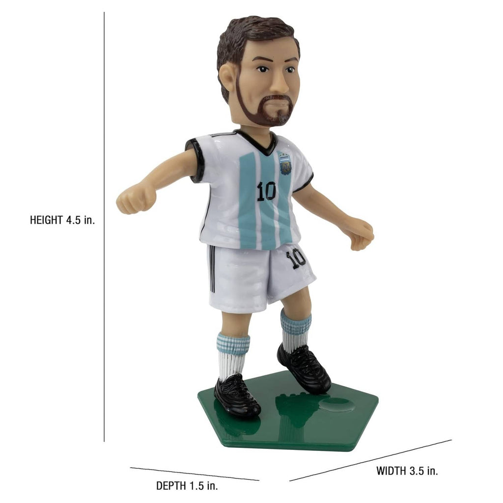 Argentina soccer player figure toy in white kit with teal stripes, number 10, on green base
