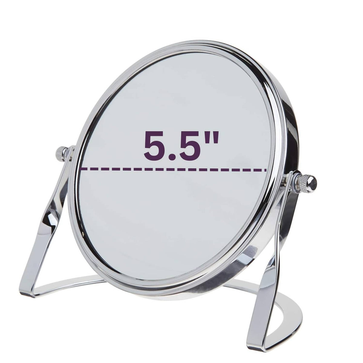 Round chrome vanity mirror on stand with 5.5 in diameter marking
