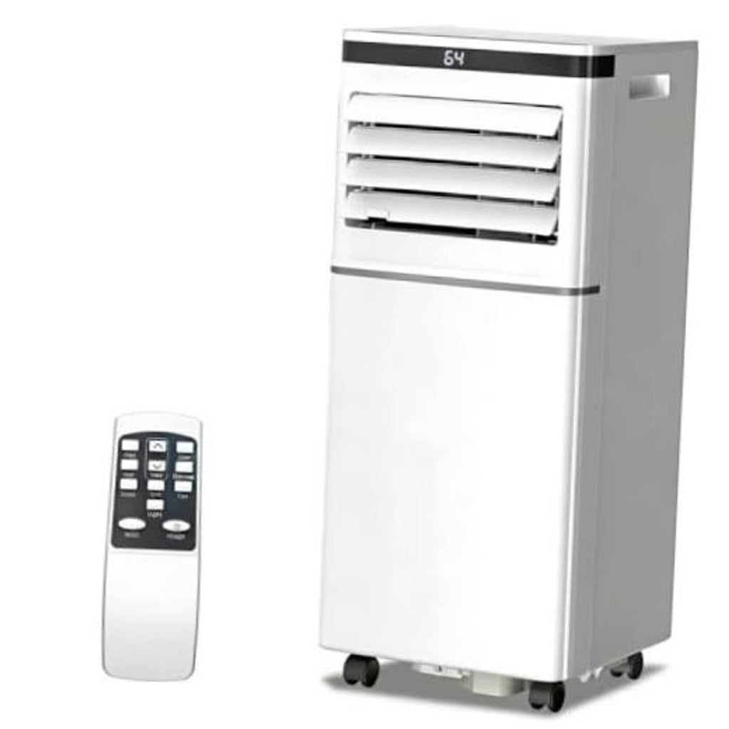 White portable air conditioner with black top panel, front vents, and caster wheels