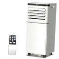 White portable air conditioner with black top panel, front vents, and caster wheels