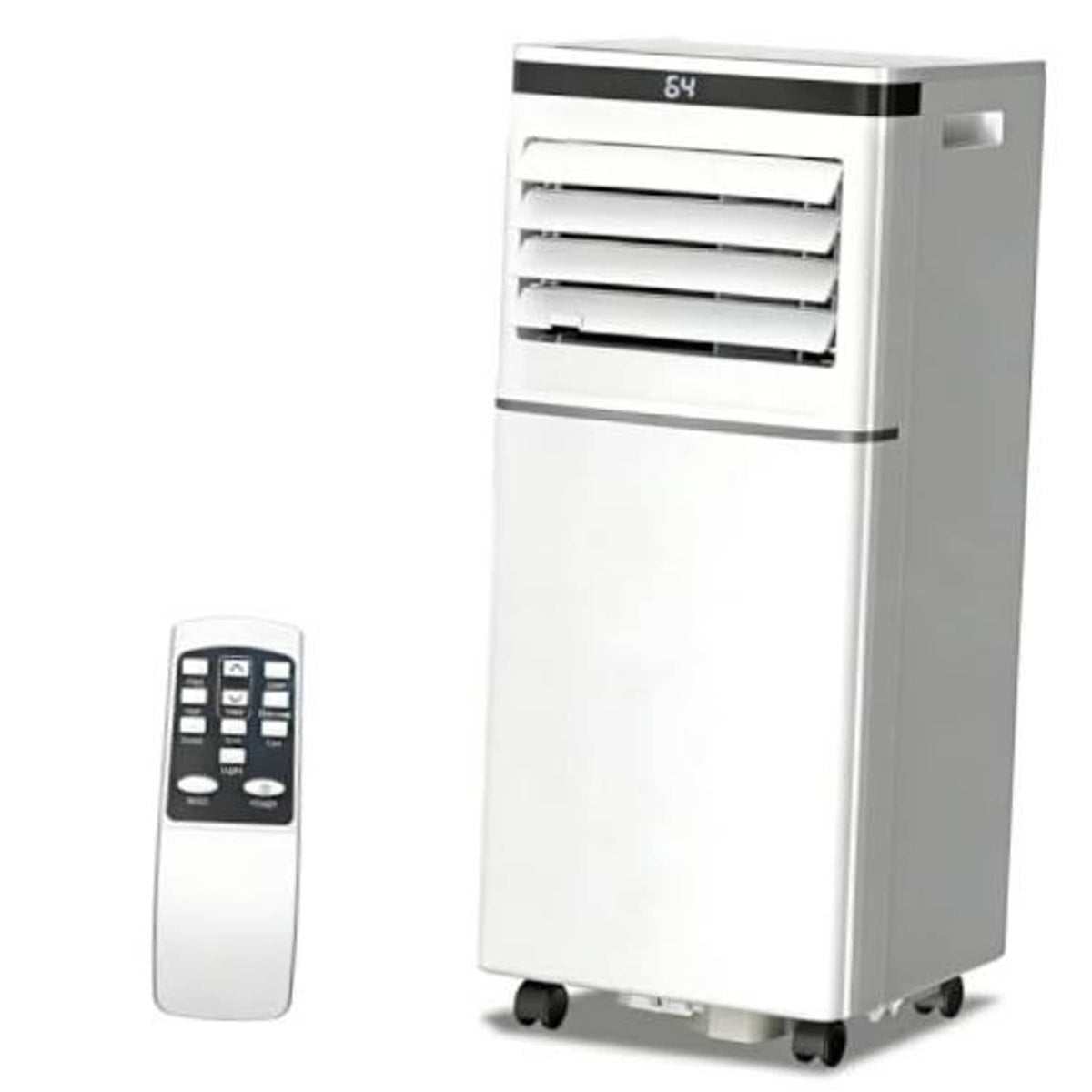 White portable air conditioner with black top panel, front vents, and caster wheels