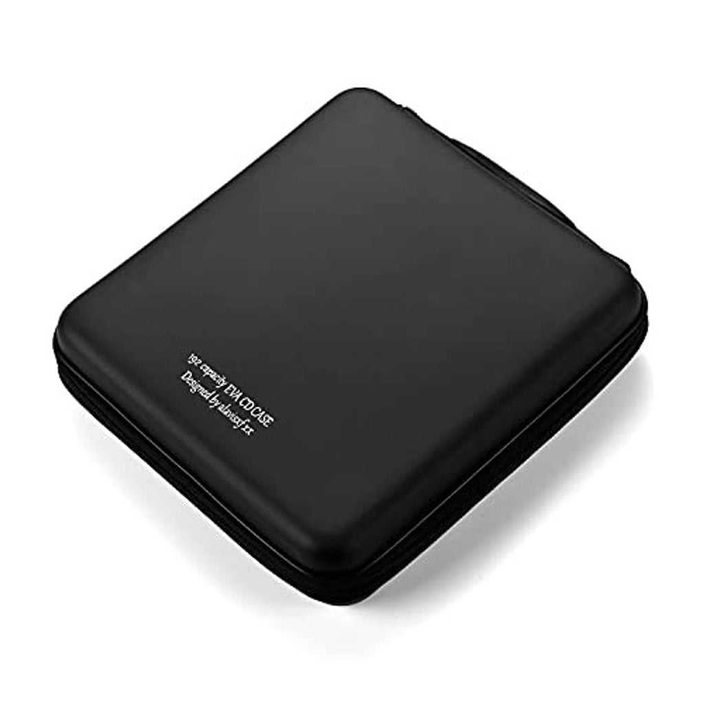 Black hard EVA DVD/CD case with rounded corners and zipper trim, angled top view