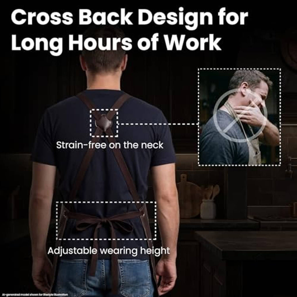 Brown cross-back chef apron back view with adjustable neck strap and supportive cross straps