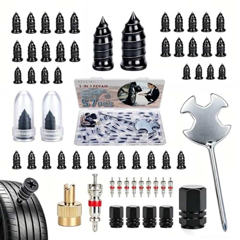 Tire repair screw plug kit: rubber plug nails, valve core tool, and dispenser handle