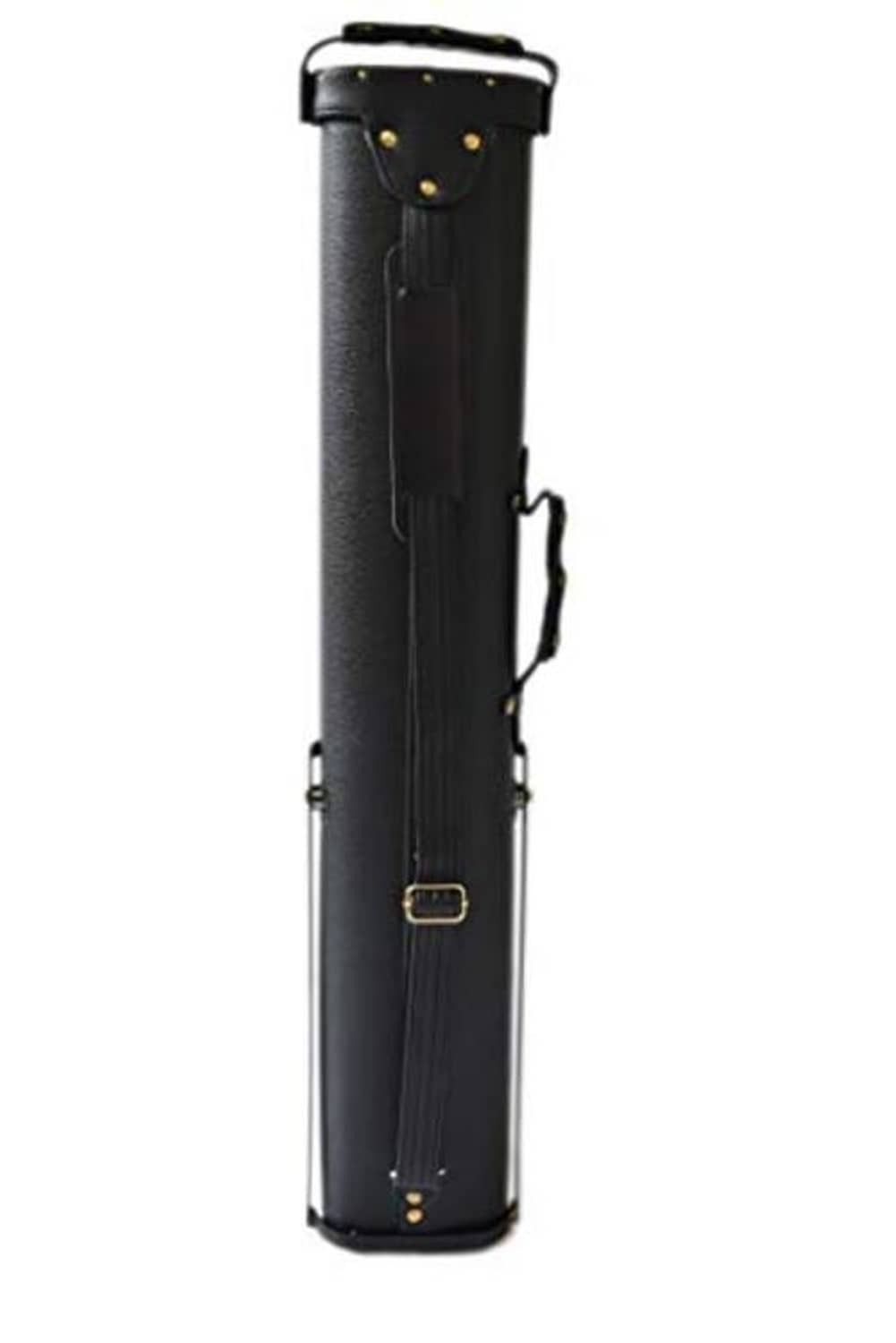 Black hard pool cue case with top handle, gold studs, and side carry loops