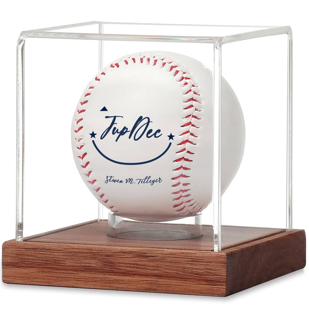 Baseball display case with clear acrylic cube and dark brown wooden base