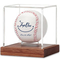 Baseball display case with clear acrylic cube and dark brown wooden base