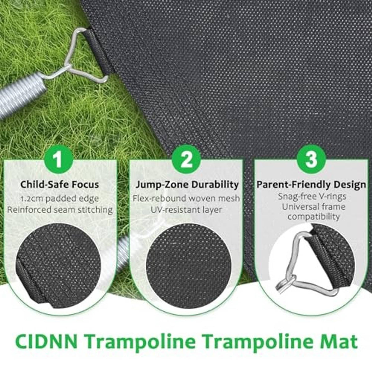 Black trampoline mat close-up with V-ring edge loops and textured surface