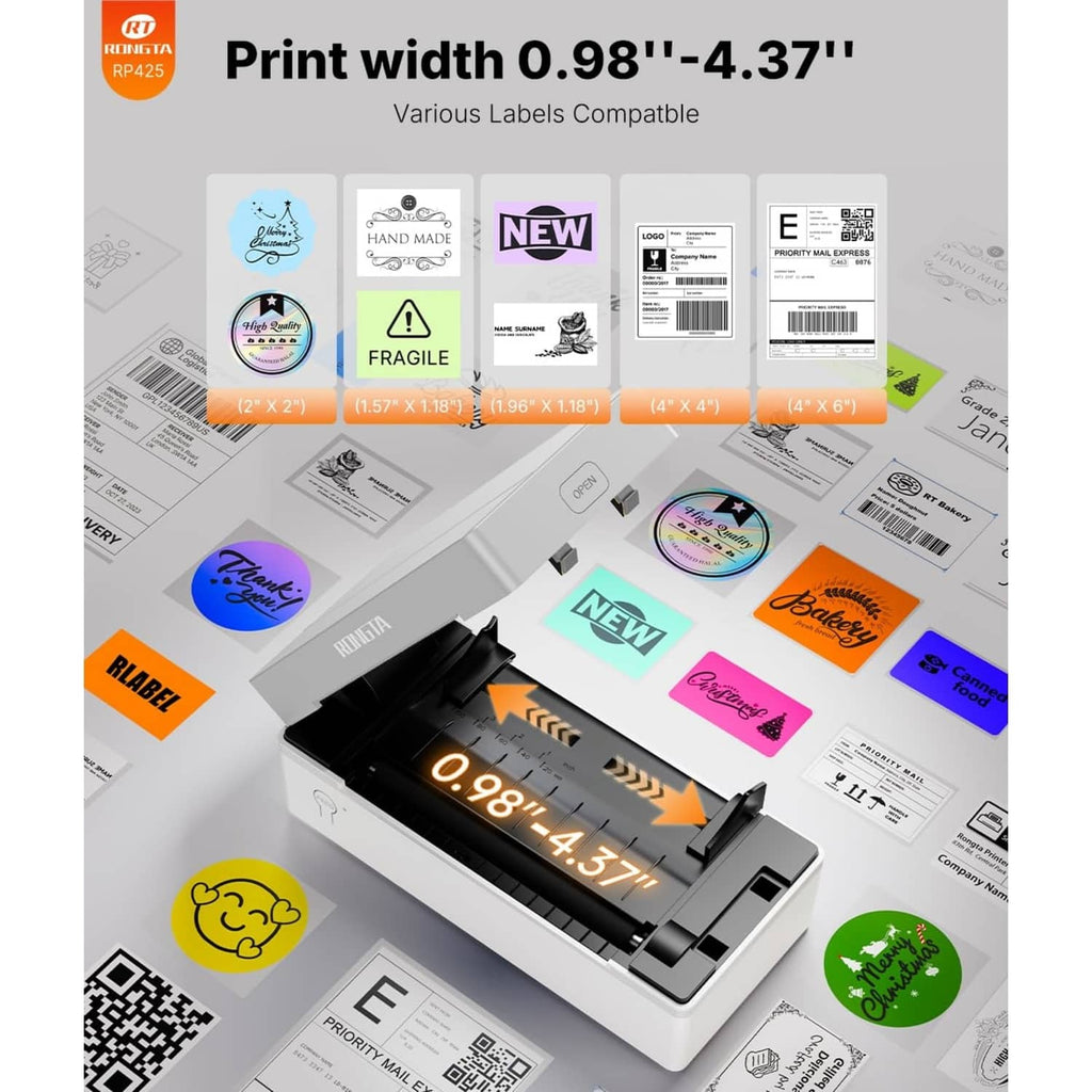 White thermal label printer showing print width and sample shipping labels with QR codes