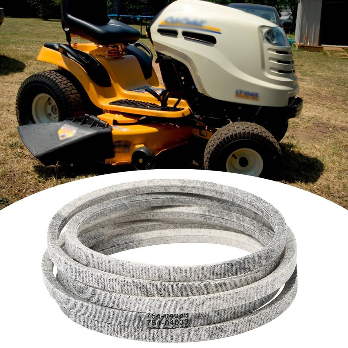 Gray V-belt in a coiled loop with textured fabric cover and printed part code.