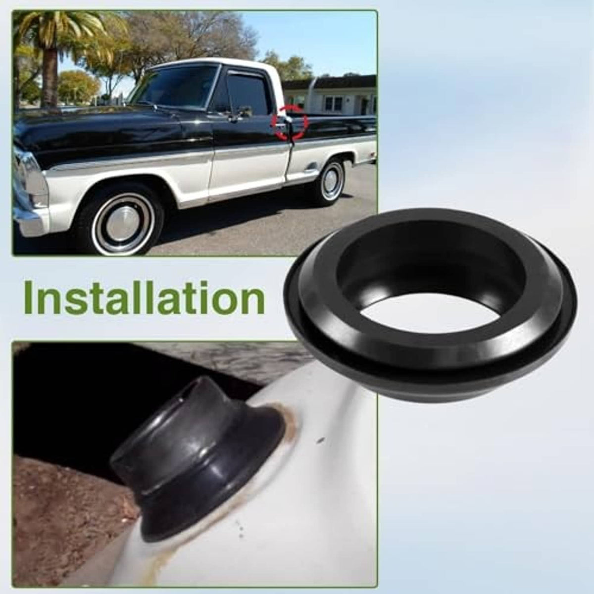 Black rubber grommet seal with flared outer rim and center opening