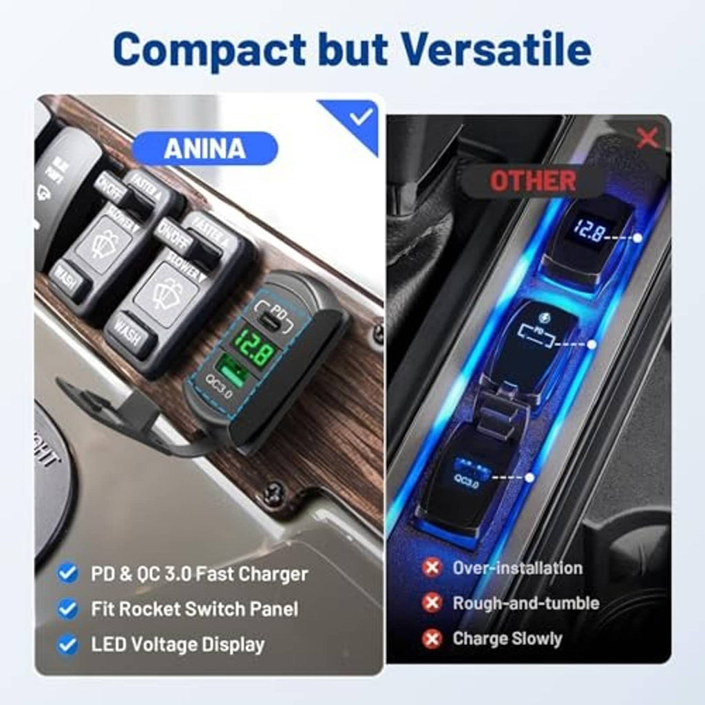 Compact USB PD/QC3.0 rocker switch insert with LED voltage display for dashboard use