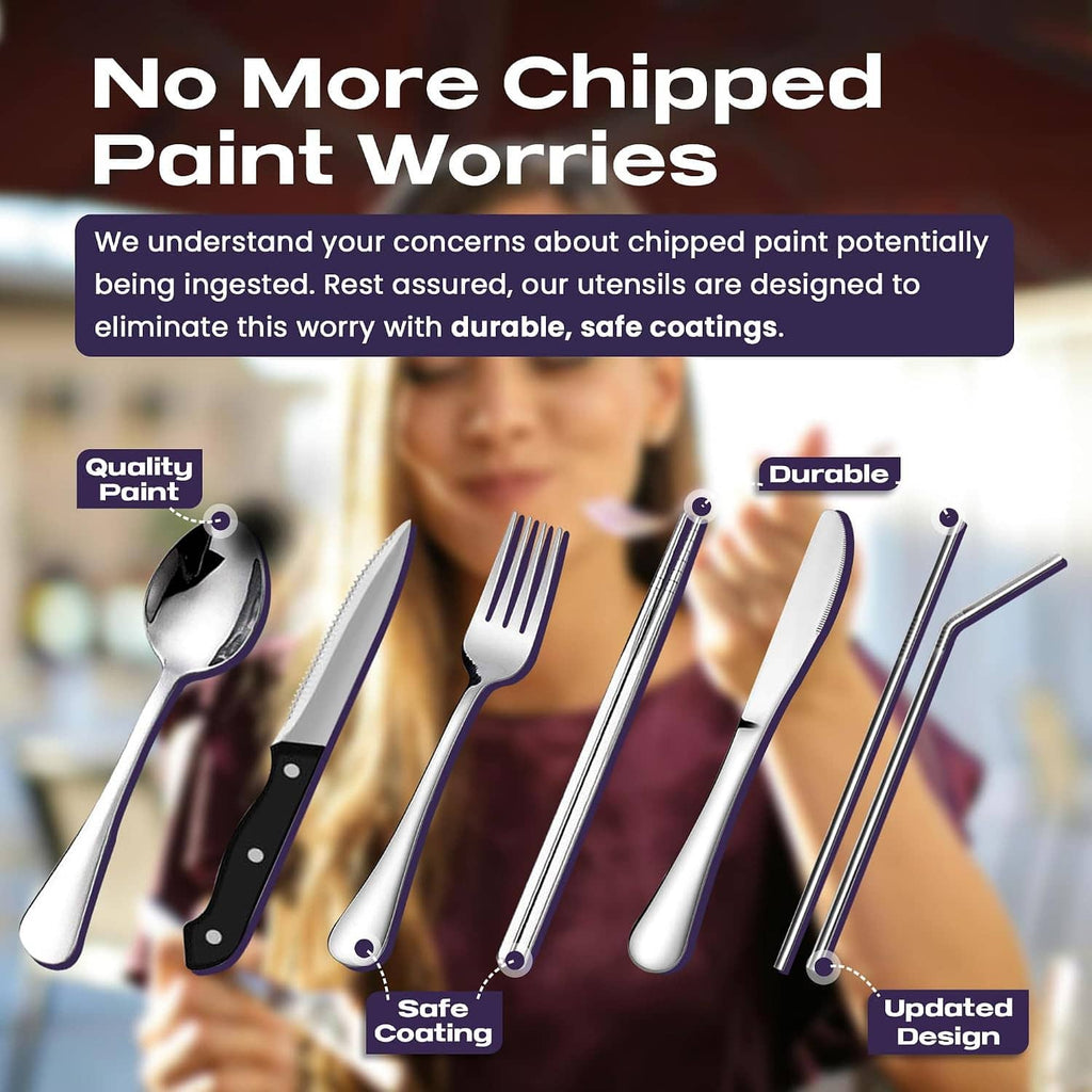 Stainless steel travel utensils with black-handled pieces and reusable straw tools