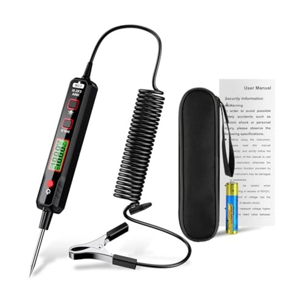 DC circuit tester kit with LED display, coiled cord, probe tip, clamp, and user manual