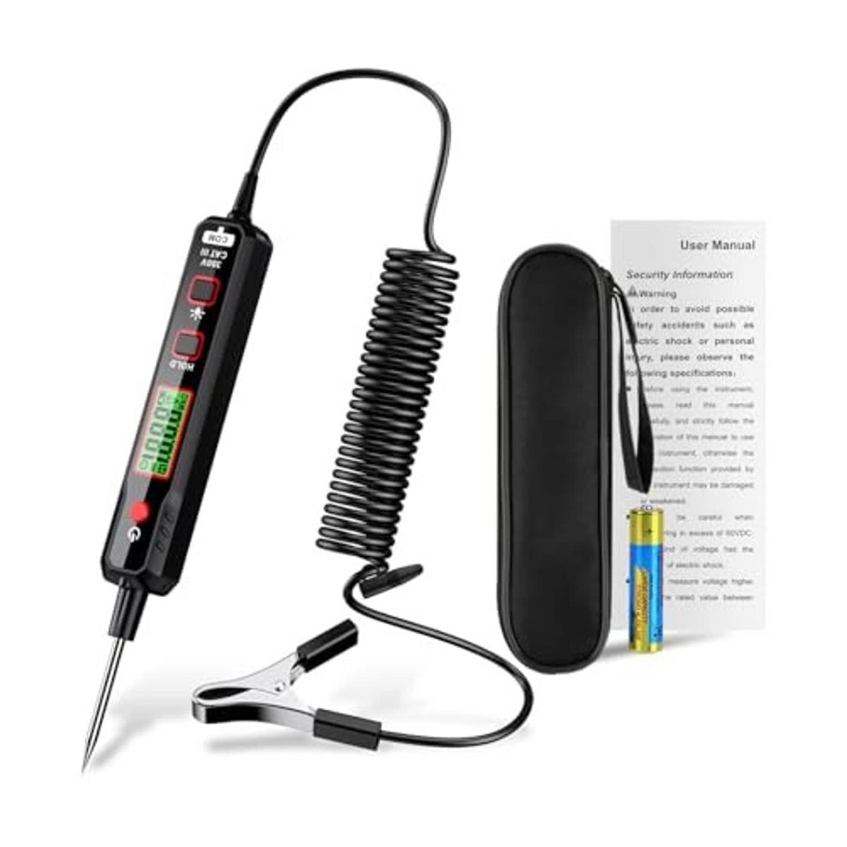 DC circuit tester kit with LED display, coiled cord, probe tip, clamp, and user manual