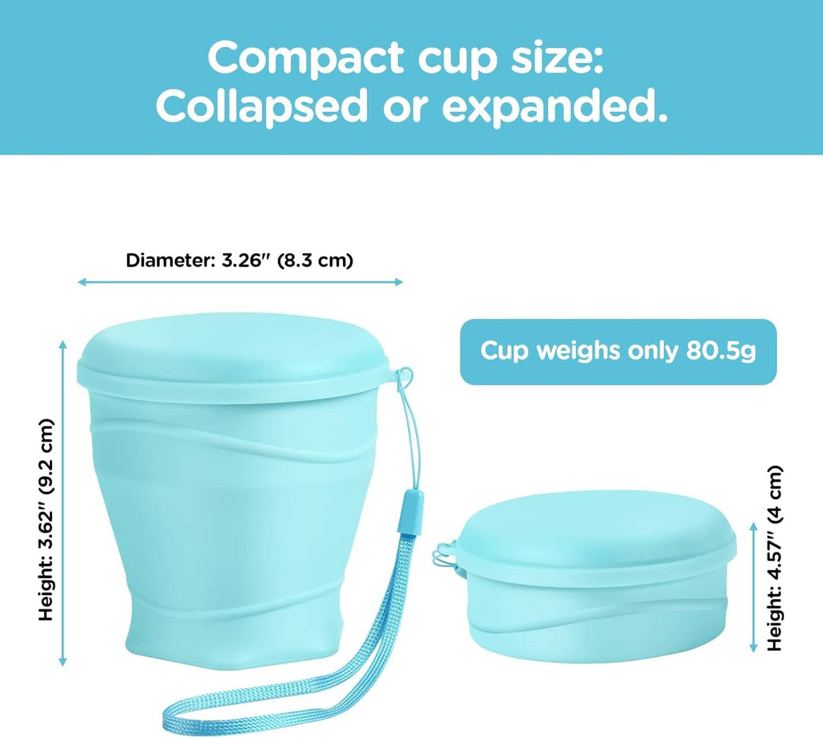 Collapsible silicone cup with lid, light blue, expanded shape and measuring marks