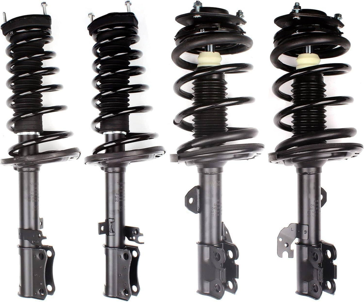 4-piece shock strut assembly set with black coil springs and metal mounting brackets