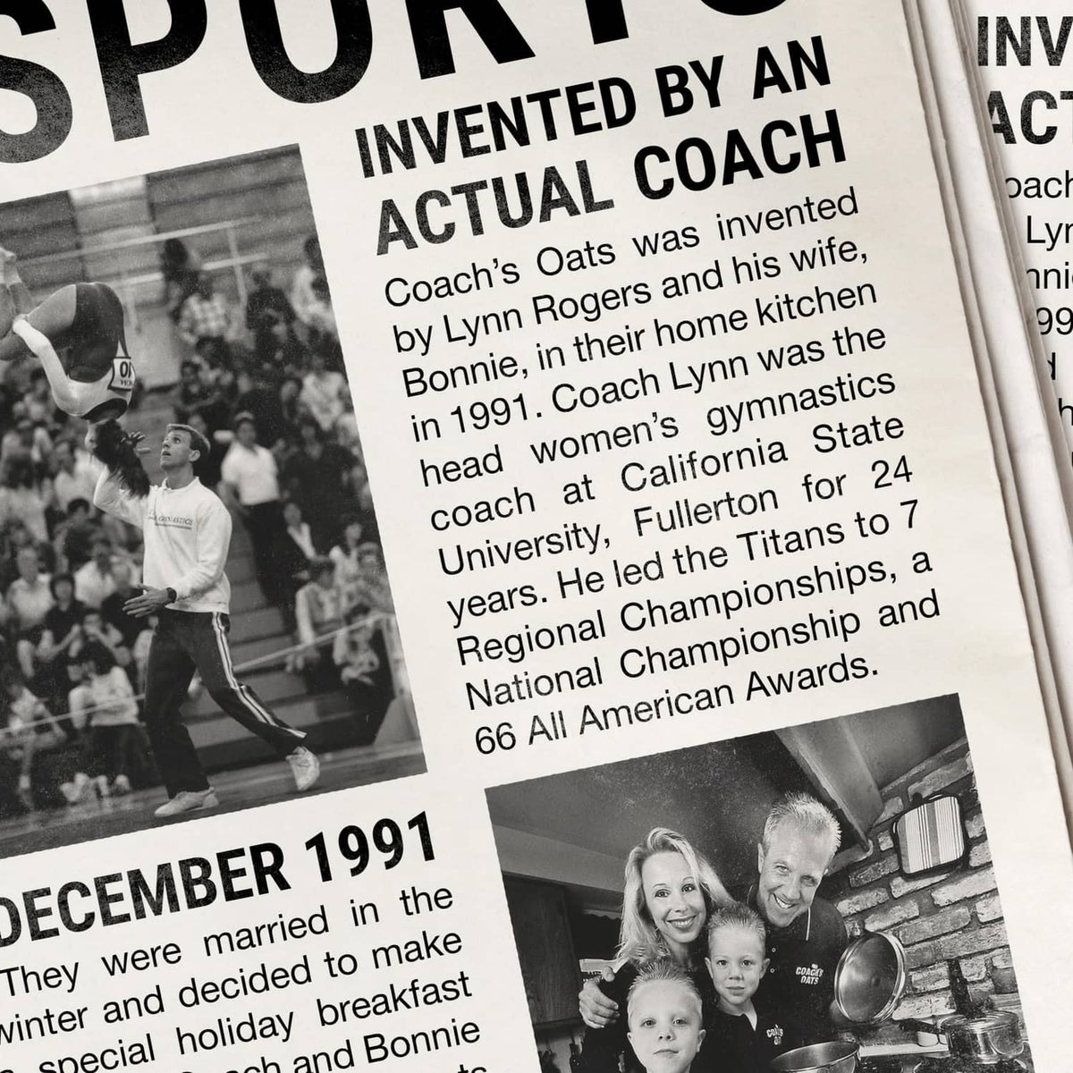 Magazine page excerpt with black-and-white photo and text about Coach's Oats