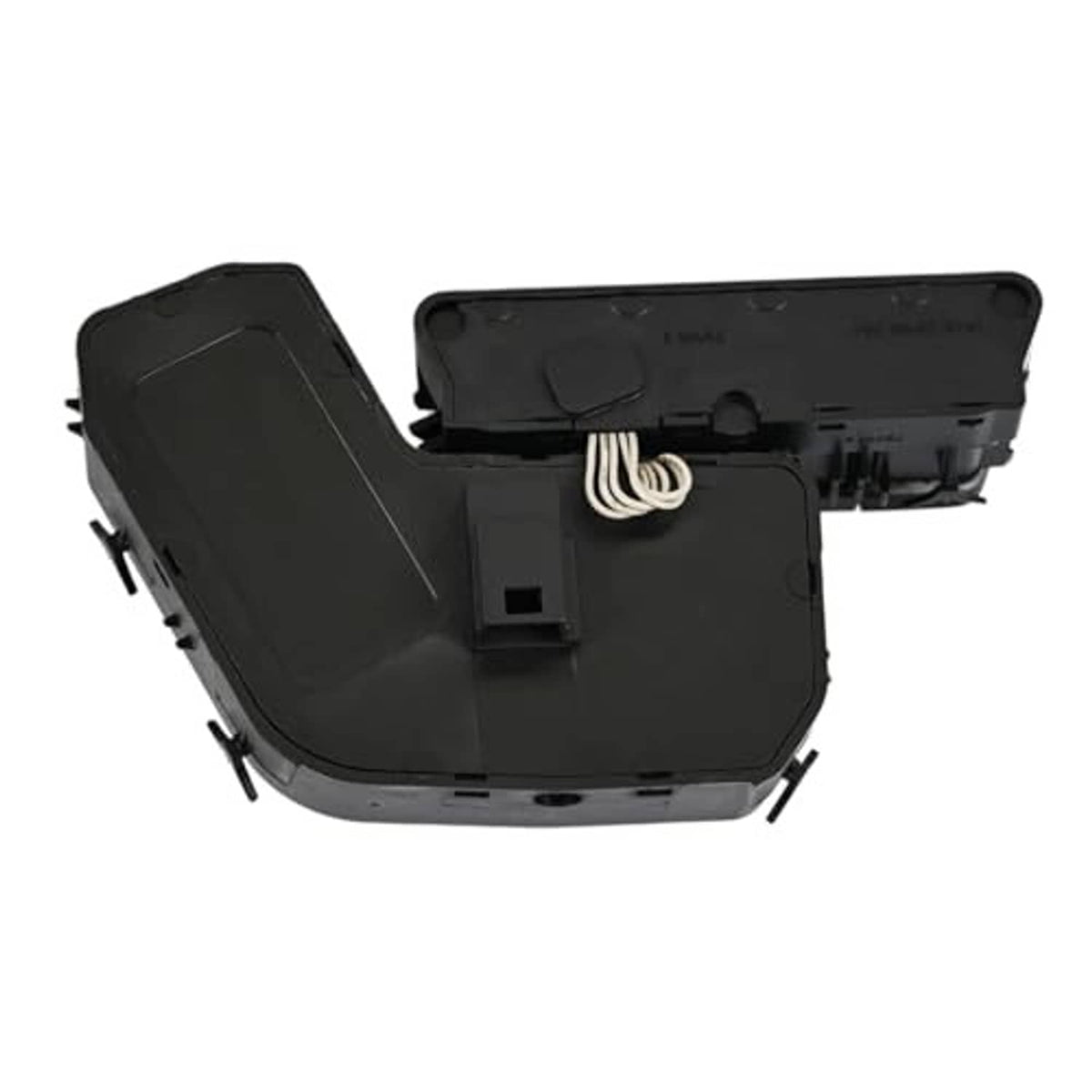 Power seat adjust control switch underside cover with exposed wiring spring clip