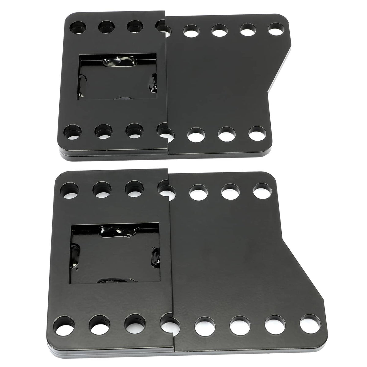 Black steel snowplow drop mounting brackets with bolt holes, set of two