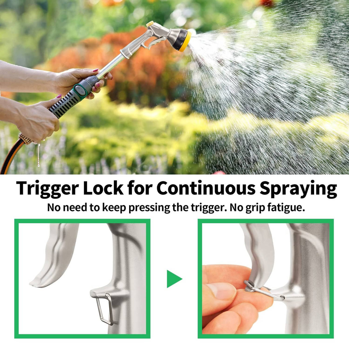 Silver trigger garden sprayer with yellow collar and lock mechanism, for continuous spray