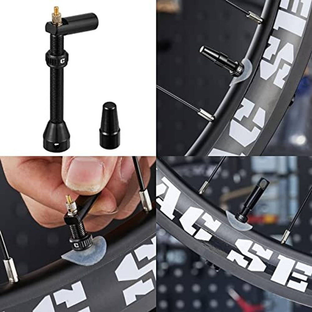 Black Presta tubeless valve stem being installed on a tubeless tire rim