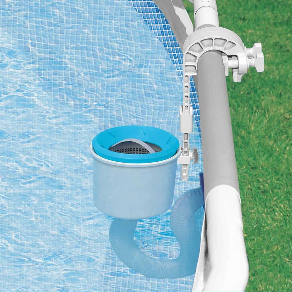 Wall-mounted pool surface skimmer with blue basket and white support pipe