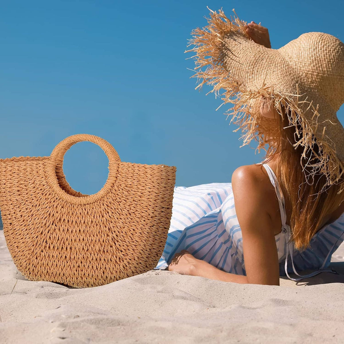 Woven straw beach tote bag with round handle, light brown