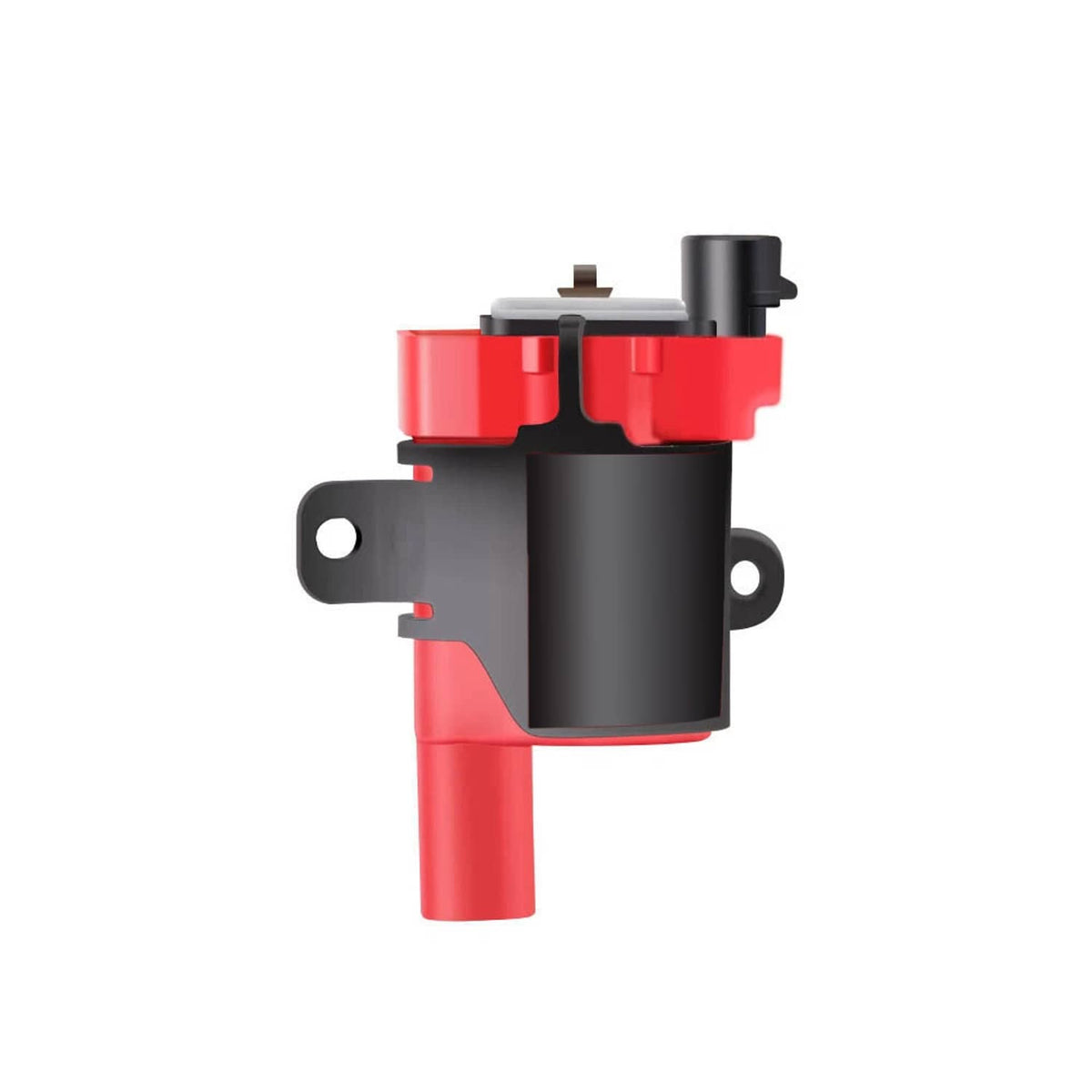 Red and black ignition coil module with mounting bracket and electrical terminal