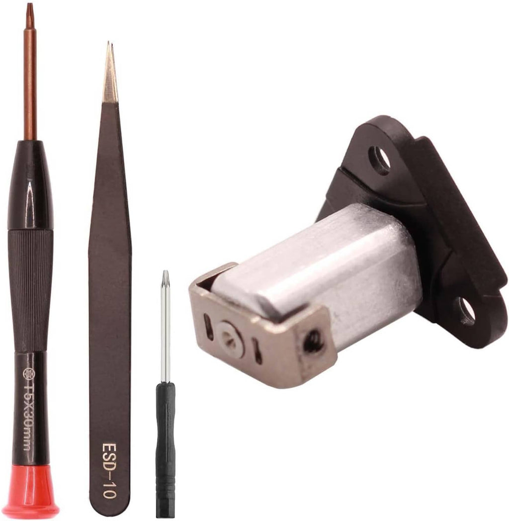 Front hinge with axis shaft and black bracket, shown with precision screwdriver tools
